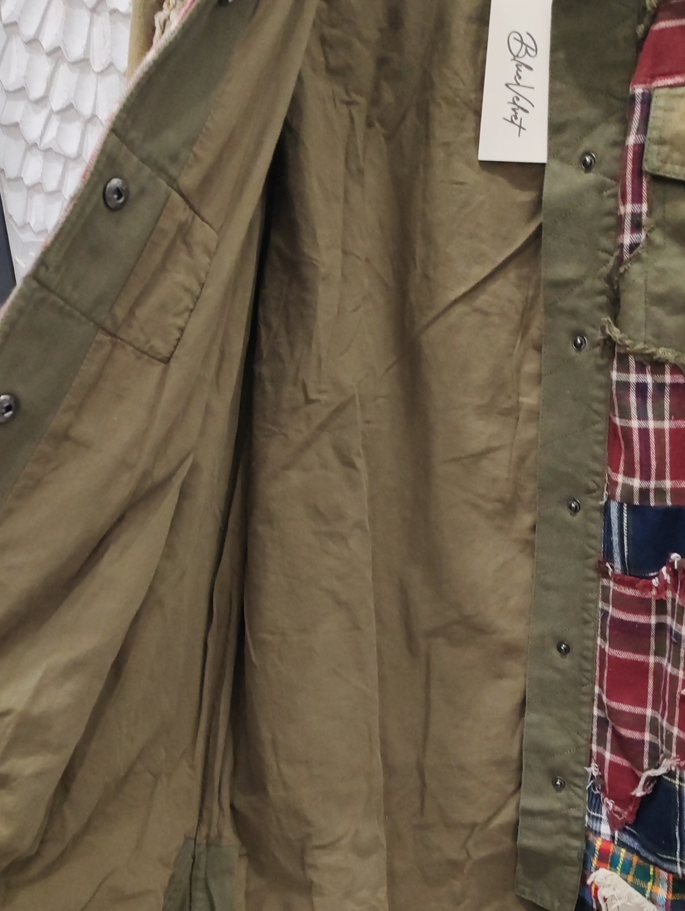 Patchwork Plaid Distressed Star Utility Jacket - Olive - Picture 8 of 10